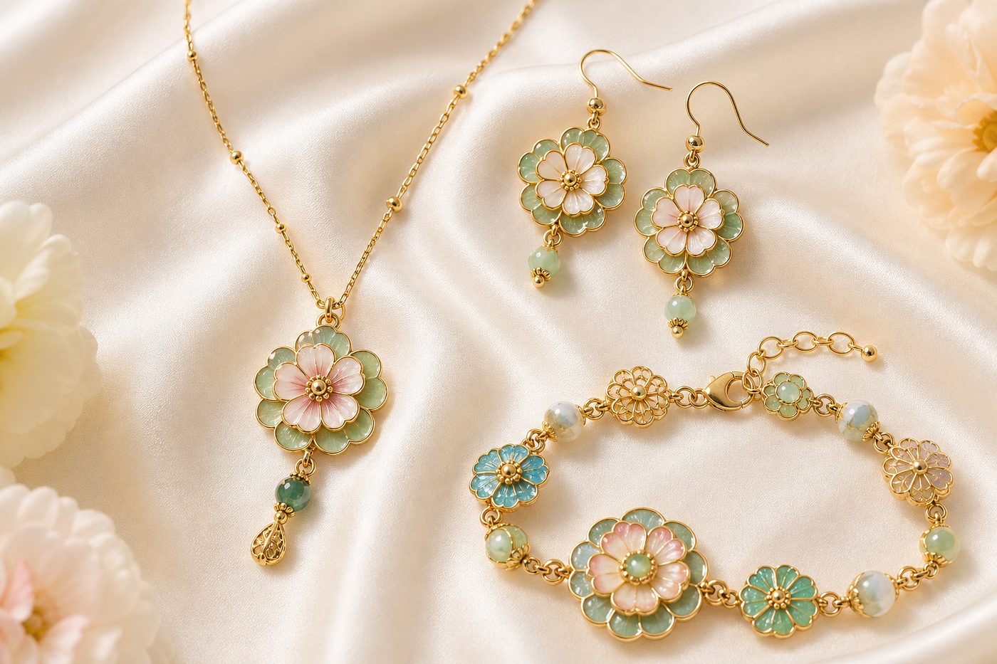 Cold enamel necklaces earrings and bracelet details on ivory silk