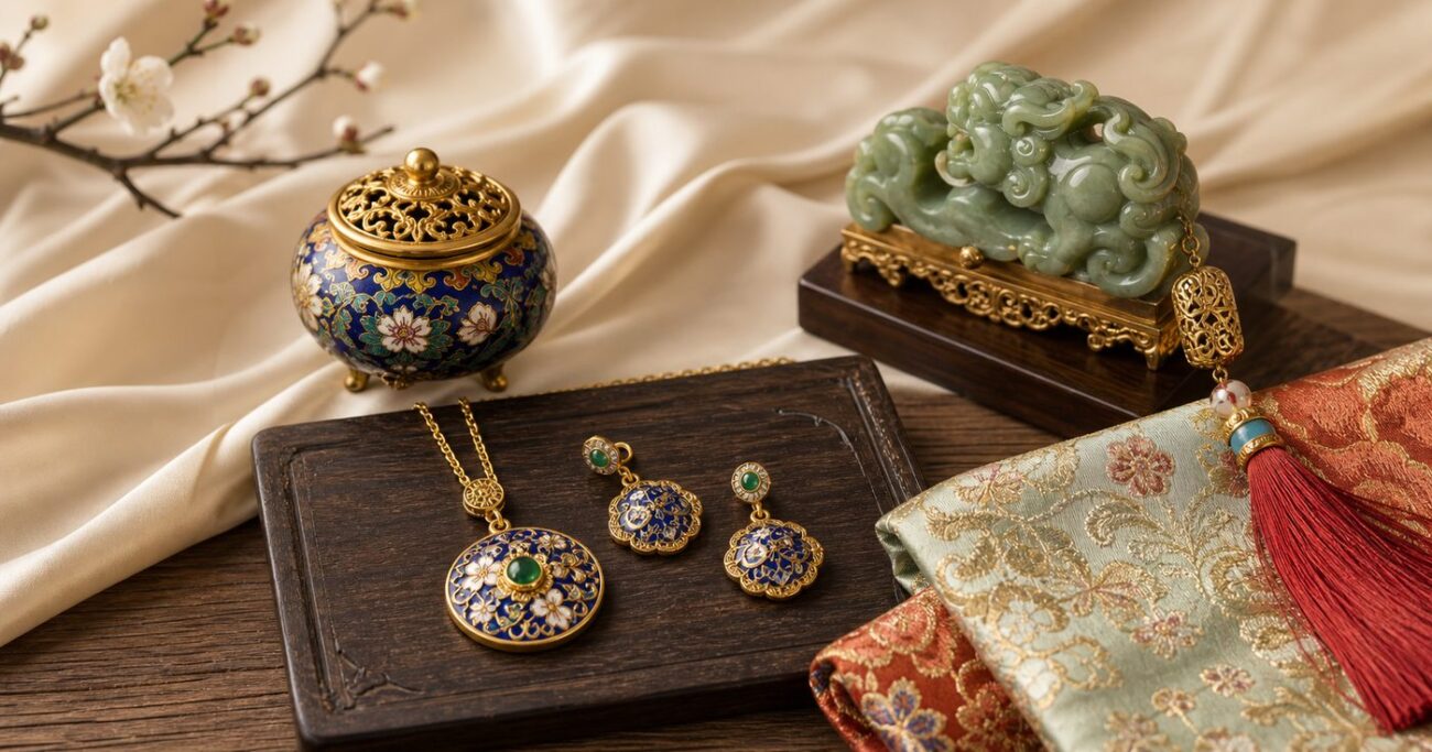 Curated Chinese craft gifts with cold enamel jewelry cloisonne vessel auspicious sculpture and silk brocade