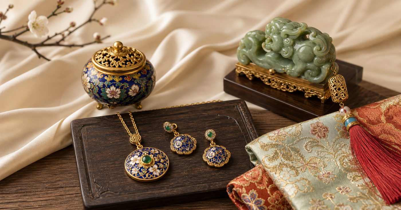 Curated Chinese craft gifts with cold enamel jewelry cloisonne vessel auspicious sculpture and silk brocade