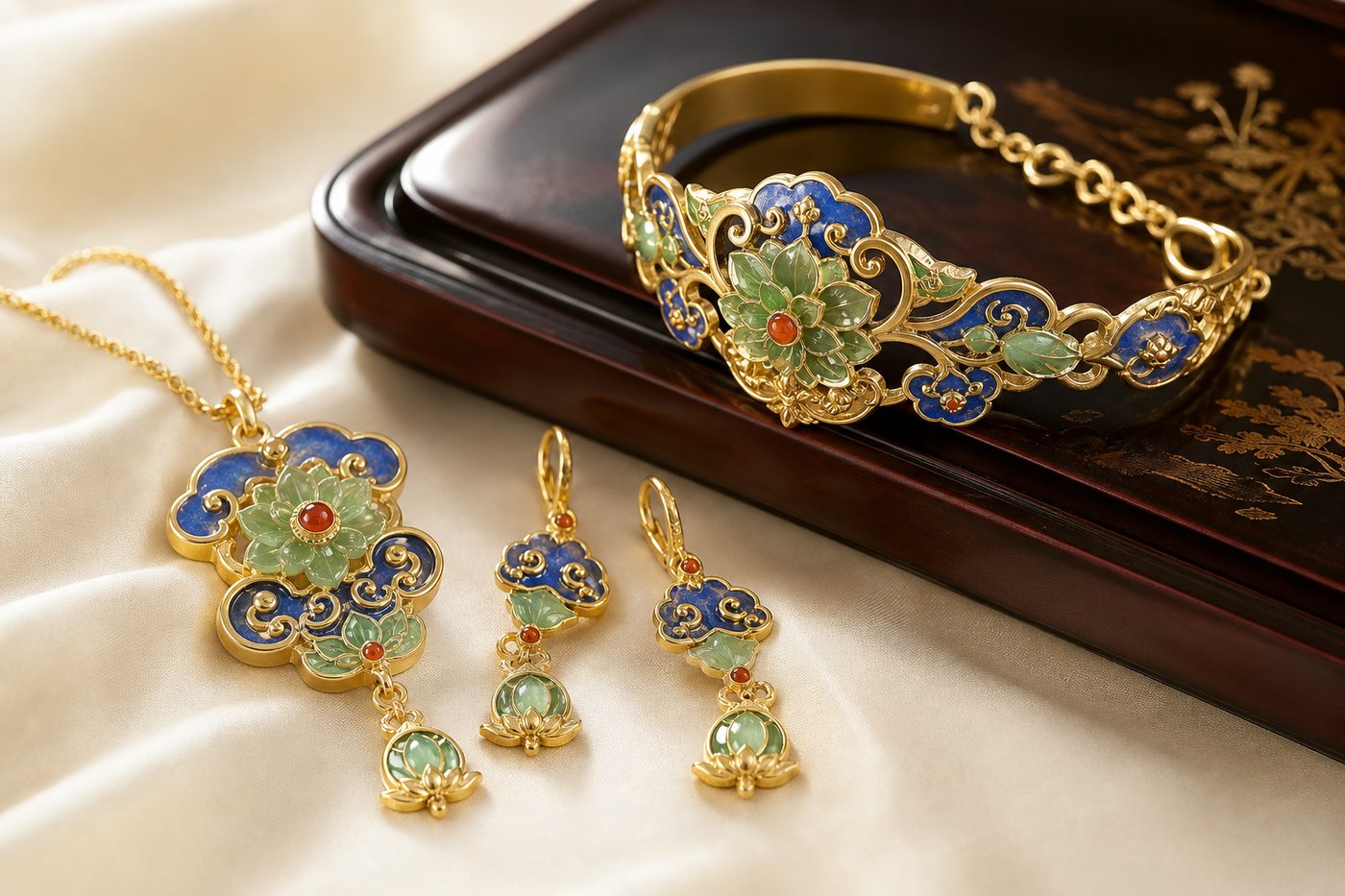Cold enamel Chinese inspired necklace earrings and bracelet arranged on ivory silk