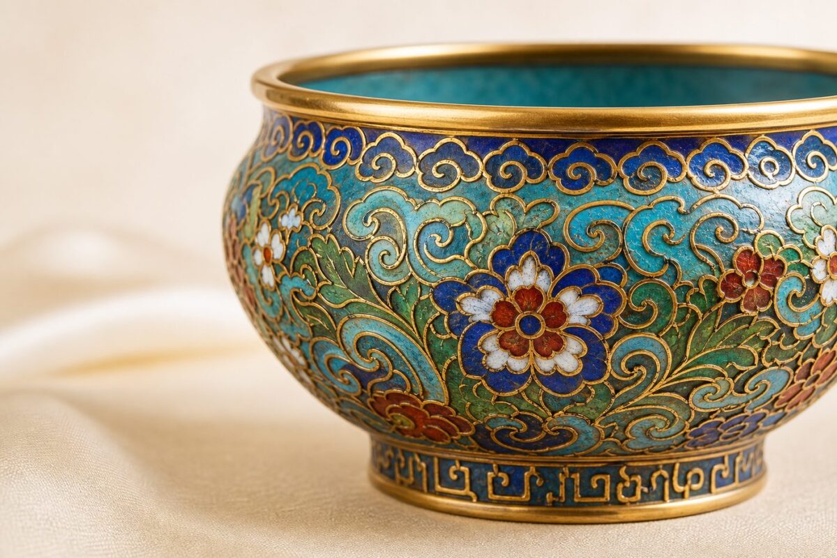 Traditional Chinese cloisonne vessels with vivid enamel colors and metal outlines
