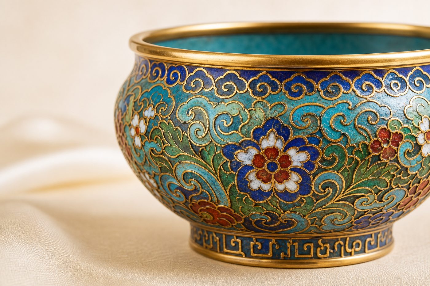 Traditional Chinese cloisonne vessels with vivid enamel colors and metal outlines