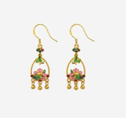 Rosy Garden Basket Cold Enamel Earrings with pink flowers, green leaves, and three dangling golden beads