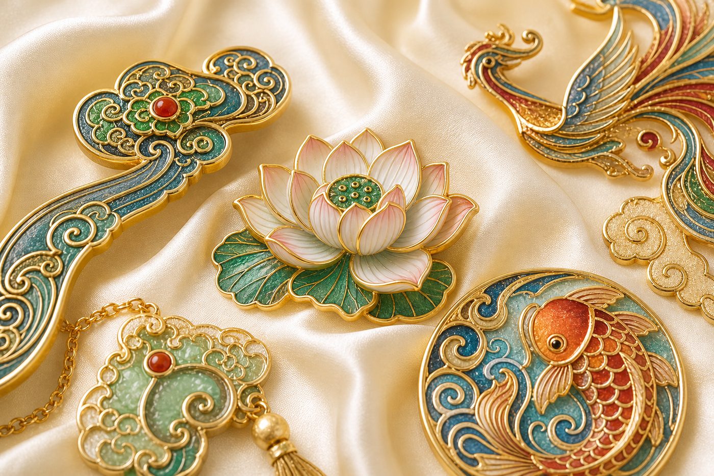 Auspicious Chinese craft symbols in enamel and gold filigree