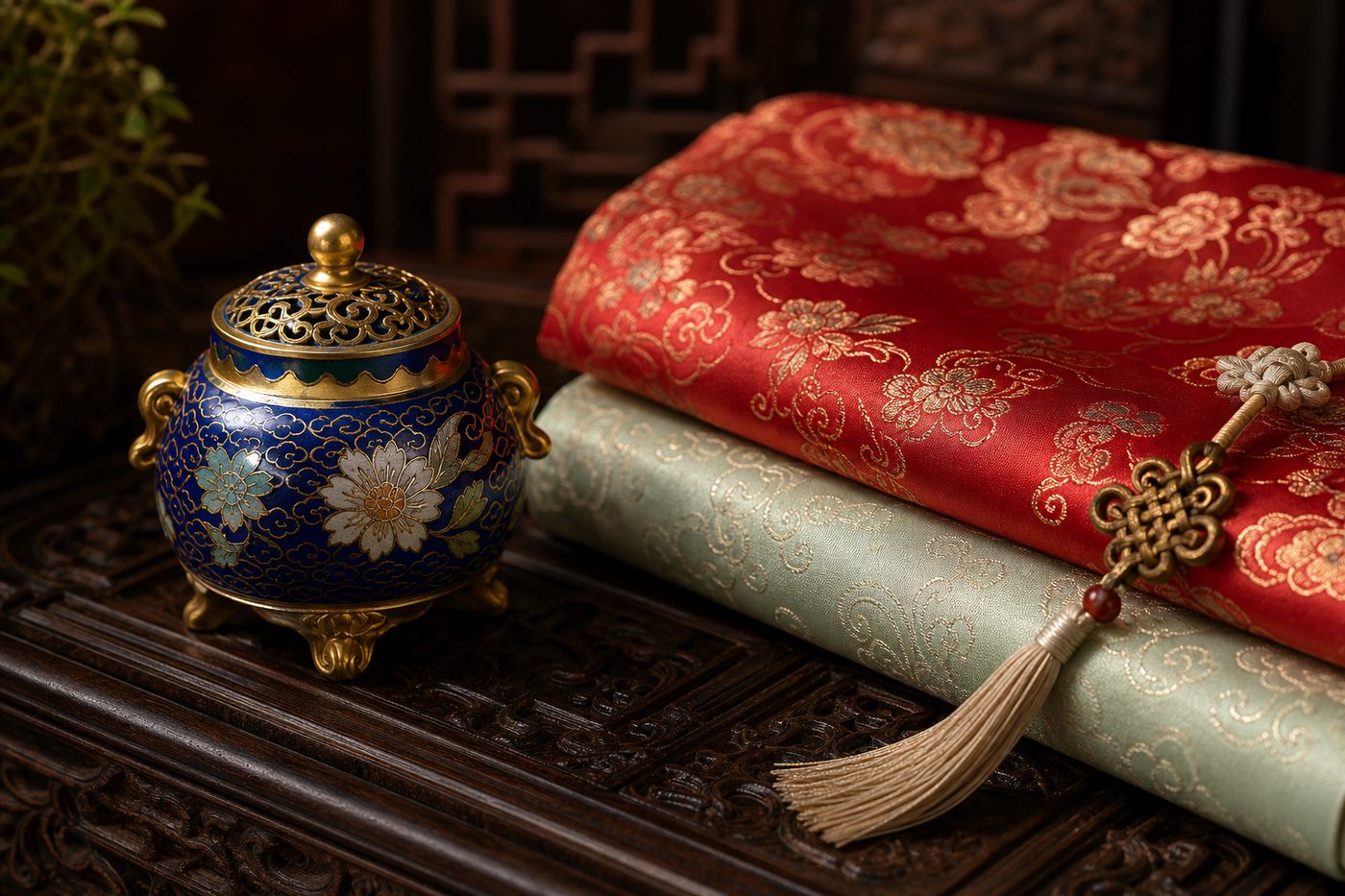 Cloisonne vessel displayed with Chinese silk brocade textile and heritage craft objects