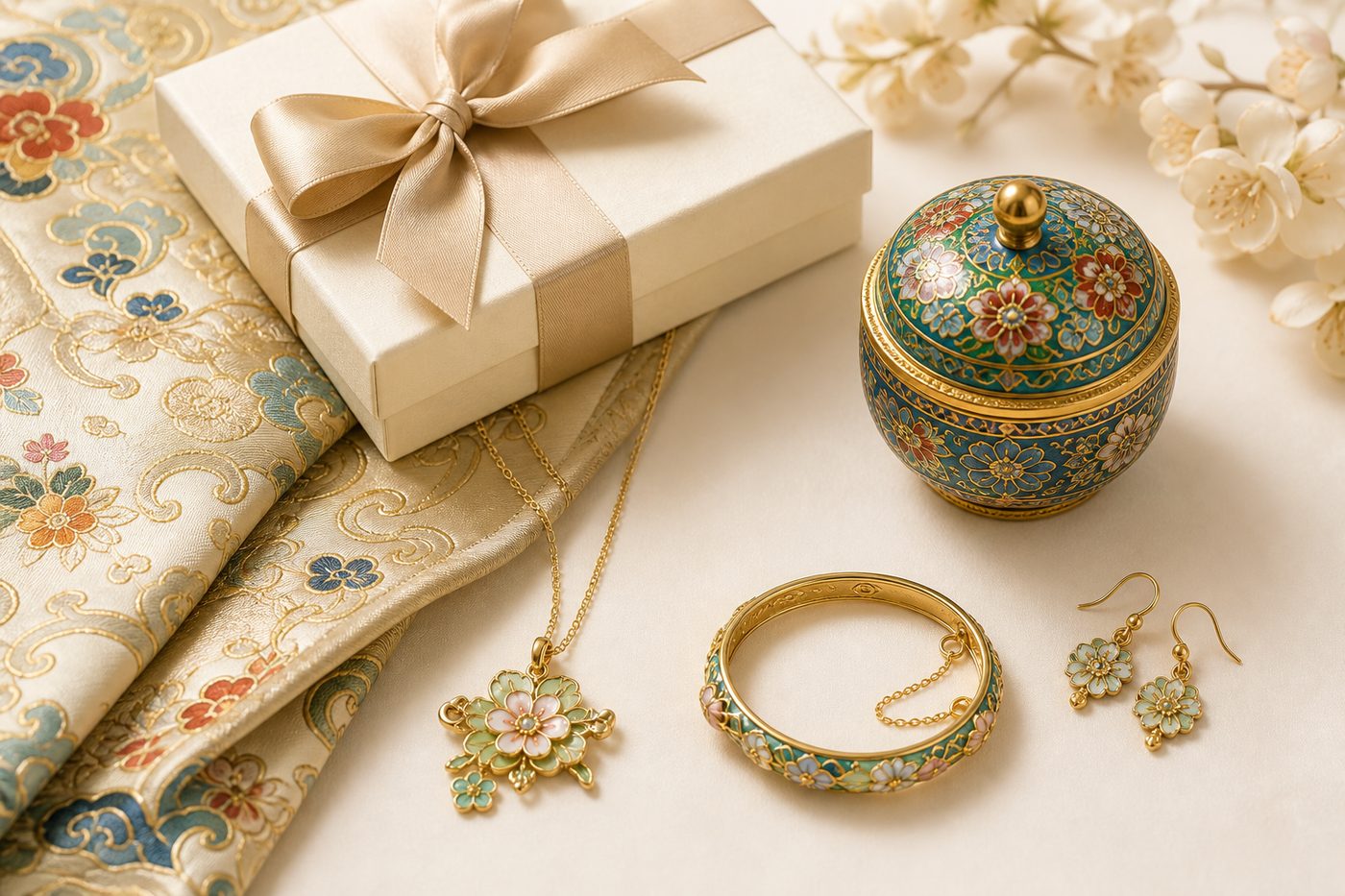 Curated Chinese heritage craft collection with enamel jewelry cloisonne and silk brocade