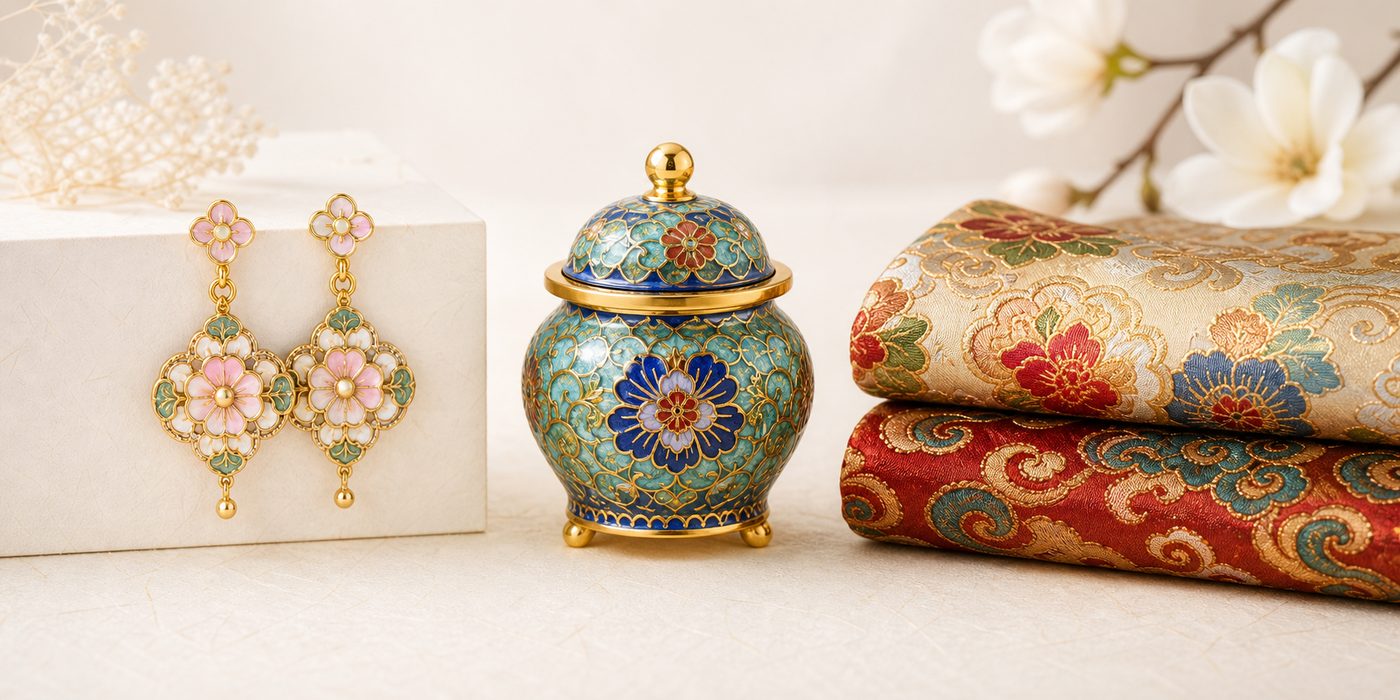 Meaningful Chinese craft gifts with enamel jewelry cloisonne vessel and silk brocade