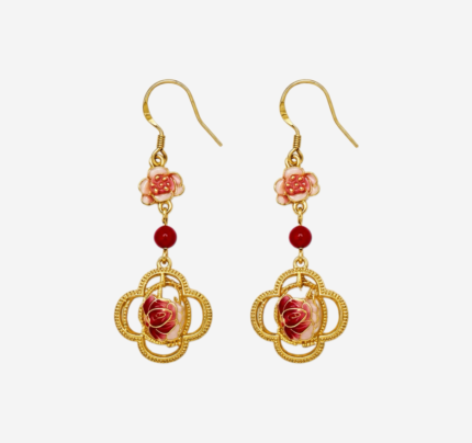 Begonia Rose Cold Enamel Earrings with crimson flower in gold filigree frame and red bead
