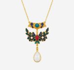 Verdant Bloom Cold Enamel Necklace with green floral motif and white jade-style teardrop pendant