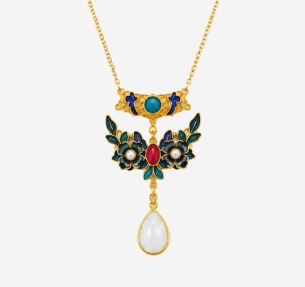 Verdant Bloom Cold Enamel Necklace with green floral motif and white jade-style teardrop pendant