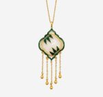 Verdant Bamboo Window Cold Enamel Necklace with bamboo motif on white jade and five-strand golden tassels