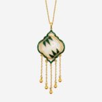 Verdant Bamboo Window Cold Enamel Necklace with bamboo motif on white jade and five-strand golden tassels