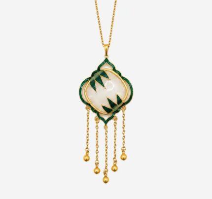 Verdant Bamboo Window Cold Enamel Necklace with bamboo motif on white jade and five-strand golden tassels