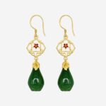 Lattice Garden Fortune Earrings with gold lattice frame and dark green carved jade Buddha's hand