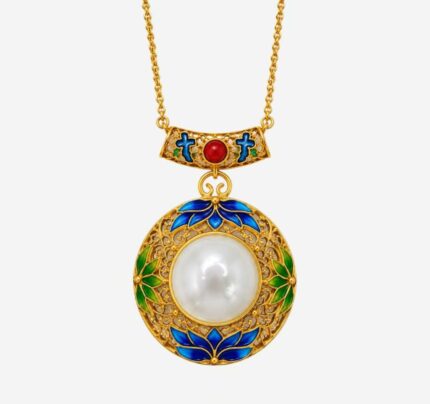 Azure Moonlight Cold Enamel Necklace with round white jade center and teal floral filigree accents