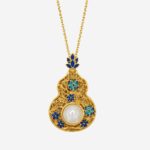 Azure Gourd Pearl Cold Enamel Necklace with gold filigree hulu pendant and large center pearl