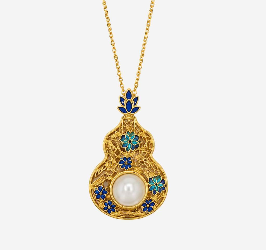 59f7d122bc575c2b829a2cba02f25185 Azure Gourd Pearl Cold Enamel Necklace with gold filigree hulu pendant and large center pearl