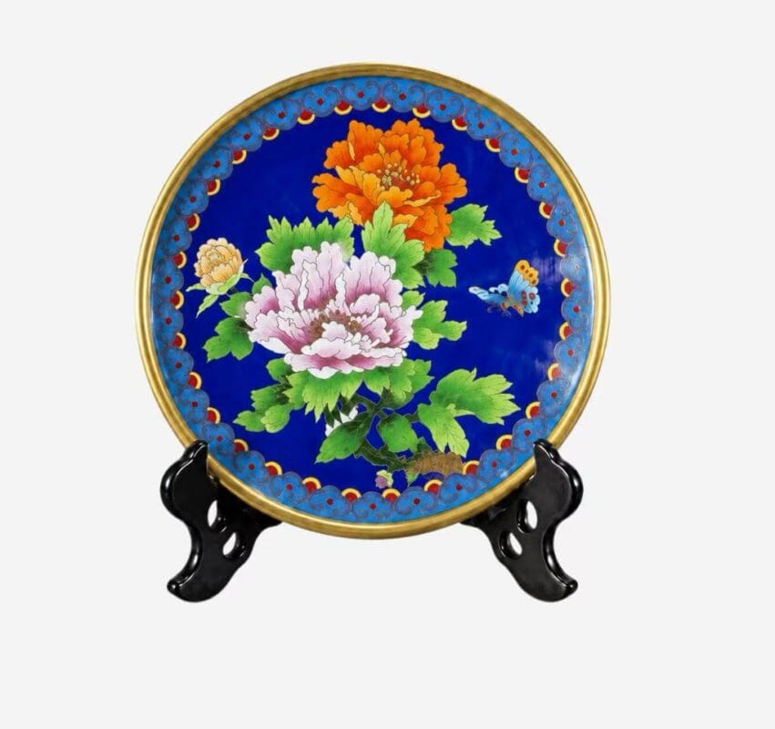 Imperial Blue Peony Enamel Display Plate in heritage-inspired Cloisonné with butterfly motif