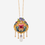 Azure Koi Lotus Bloom: Cold Enamel Filigree Necklace - Ornate Koi Fish & Lotus with Faux White Jade Teardrop