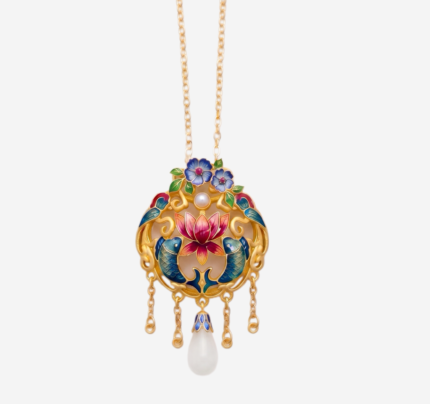 Azure Koi Lotus Bloom: Cold Enamel Filigree Necklace - Ornate Koi Fish & Lotus with Faux White Jade Teardrop