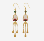 Prosperous Gourd Cold Enamel Earrings with white jade Hulu, red lotus motif, and golden chain tassels