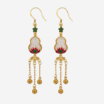 Prosperous Gourd Cold Enamel Earrings with white jade Hulu, red lotus motif, and golden chain tassels