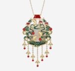 Emerald Cloud Pavilion Cold Enamel Necklace with green cloud motifs, birds, and five-strand golden tassels