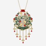 Emerald Cloud Pavilion Cold Enamel Necklace with green cloud motifs, birds, and five-strand golden tassels