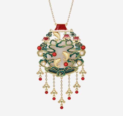 Emerald Cloud Pavilion Cold Enamel Necklace with green cloud motifs, birds, and five-strand golden tassels