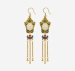 Imperial Lantern Cold Enamel Earrings with blue and red Ruyi motifs, white jade center, and golden tassels