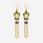 Imperial Lantern Cold Enamel Earrings with blue and red Ruyi motifs, white jade center, and golden tassels