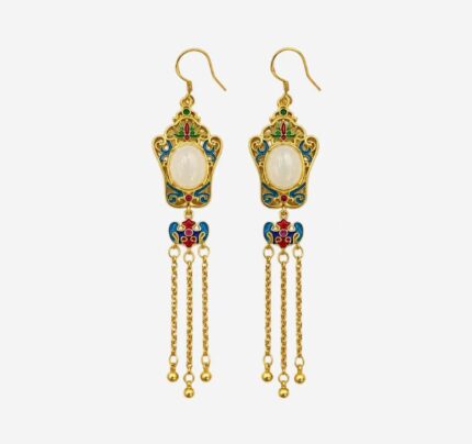 Imperial Lantern Cold Enamel Earrings with blue and red Ruyi motifs, white jade center, and golden tassels