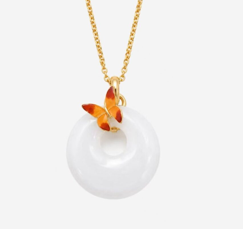 Amber Flutter Serenity: Minimalist White Jade-Style Necklace - Round "Ping'an" Donut with Orange Enamel Butterfly