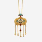 Azure Phoenix Ruyi Cold Enamel Necklace with gold filigree, peony motif, and five-strand golden tassels