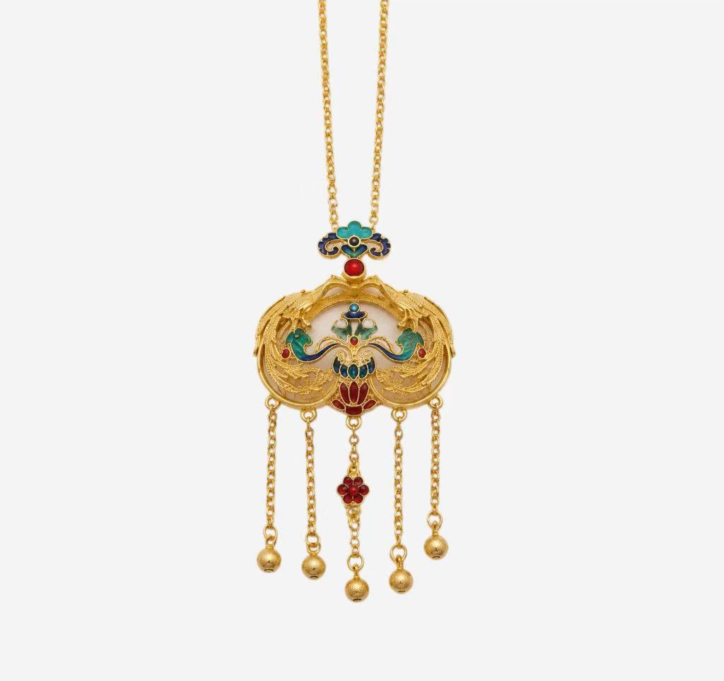80bc95e6086f7e5083a3036c03fd2d1c Azure Phoenix Ruyi Cold Enamel Necklace with gold filigree, peony motif, and five-strand golden tassels