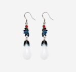 Azure Bloom Cold Enamel Earrings with blue gradient leaves, red bead, and white jade-style floral bud pendants