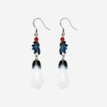 Azure Bloom Cold Enamel Earrings with blue gradient leaves, red bead, and white jade-style floral bud pendants