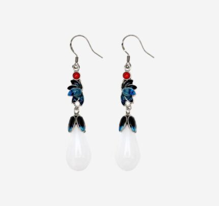 Azure Bloom Cold Enamel Earrings with blue gradient leaves, red bead, and white jade-style floral bud pendants