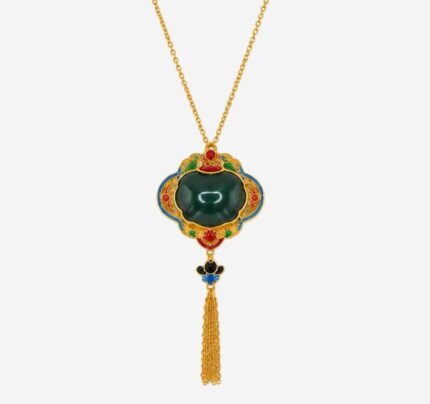 Verdant Majesty Cold Enamel Necklace with dark green center, multicolored floral frame, and golden tassel