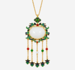 Azure Ruyi Moonlight Cold Enamel Necklace with large white jade center and five-strand golden tassels