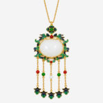 Azure Ruyi Moonlight Cold Enamel Necklace with large white jade center and five-strand golden tassels