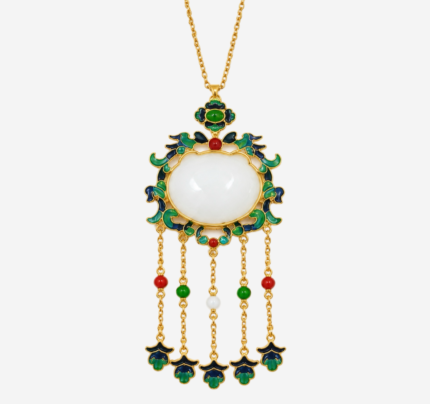 Azure Ruyi Moonlight Cold Enamel Necklace with large white jade center and five-strand golden tassels