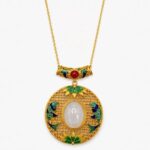 Azure Koi Lotus Cold Enamel Necklace with white jade center, teal fish, and green lotus leaf motifs