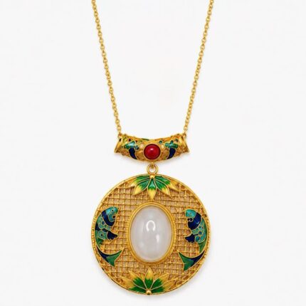 Azure Koi Lotus Cold Enamel Necklace with white jade center, teal fish, and green lotus leaf motifs