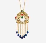 Emerald Palace Cloud Cold Enamel Necklace with imperial pavilion motifs and five-strand golden tassels