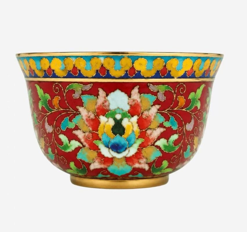 Imperial Red Chun Bowl in heritage-inspired Cloisonné Enamel with central lotus motif