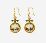 Blooming Moon Cold Enamel Earrings with green and red floral overlay on white jade circle