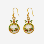 Blooming Moon Cold Enamel Earrings with green and red floral overlay on white jade circle