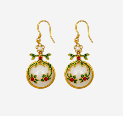 Blooming Moon Cold Enamel Earrings with green and red floral overlay on white jade circle