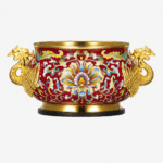 Phoenix Ear Censer in red Cloisonne Enamel with golden phoenix handles and floral patterns